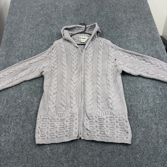 Aran Crafts Sweaters - Aran Crafts Sweater Womens M Gray Merino Wool Cable Knit Full Zip Hooded Casual